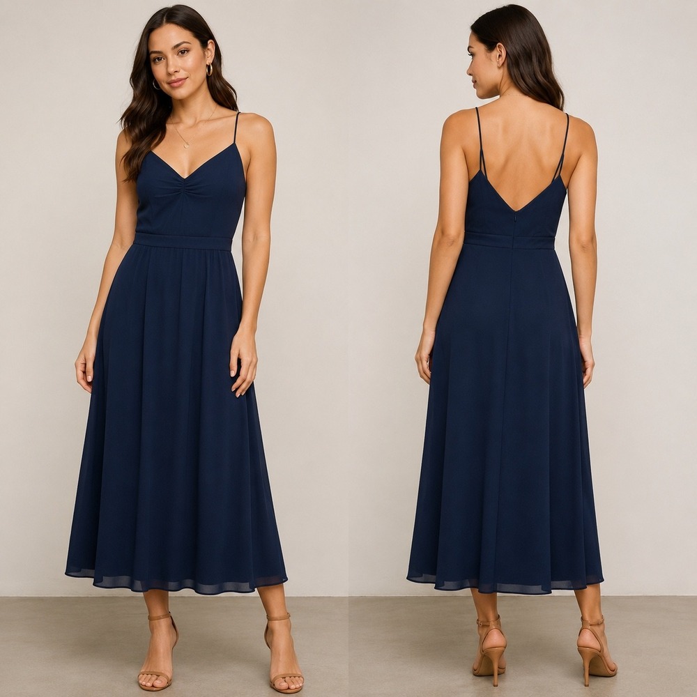 Fame and Partners Strappy Maxi Dress 4 Navy Blue Fit and Flare V-Neck Elegant